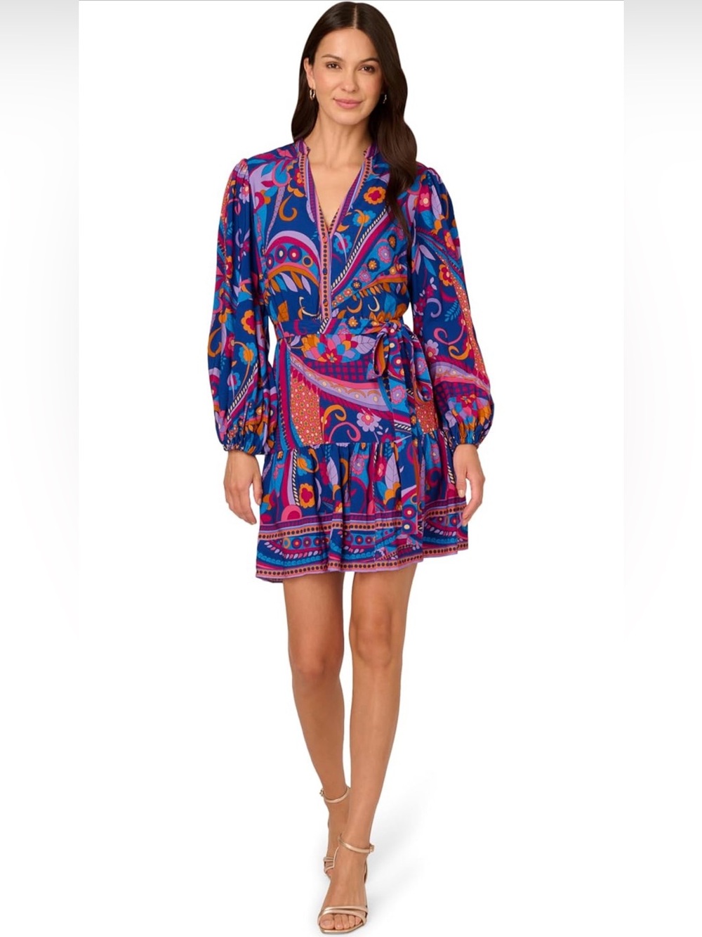 Adrianna Papell Multicolor Paisley Wrap Mini Dress in Vivid Blue and Pink